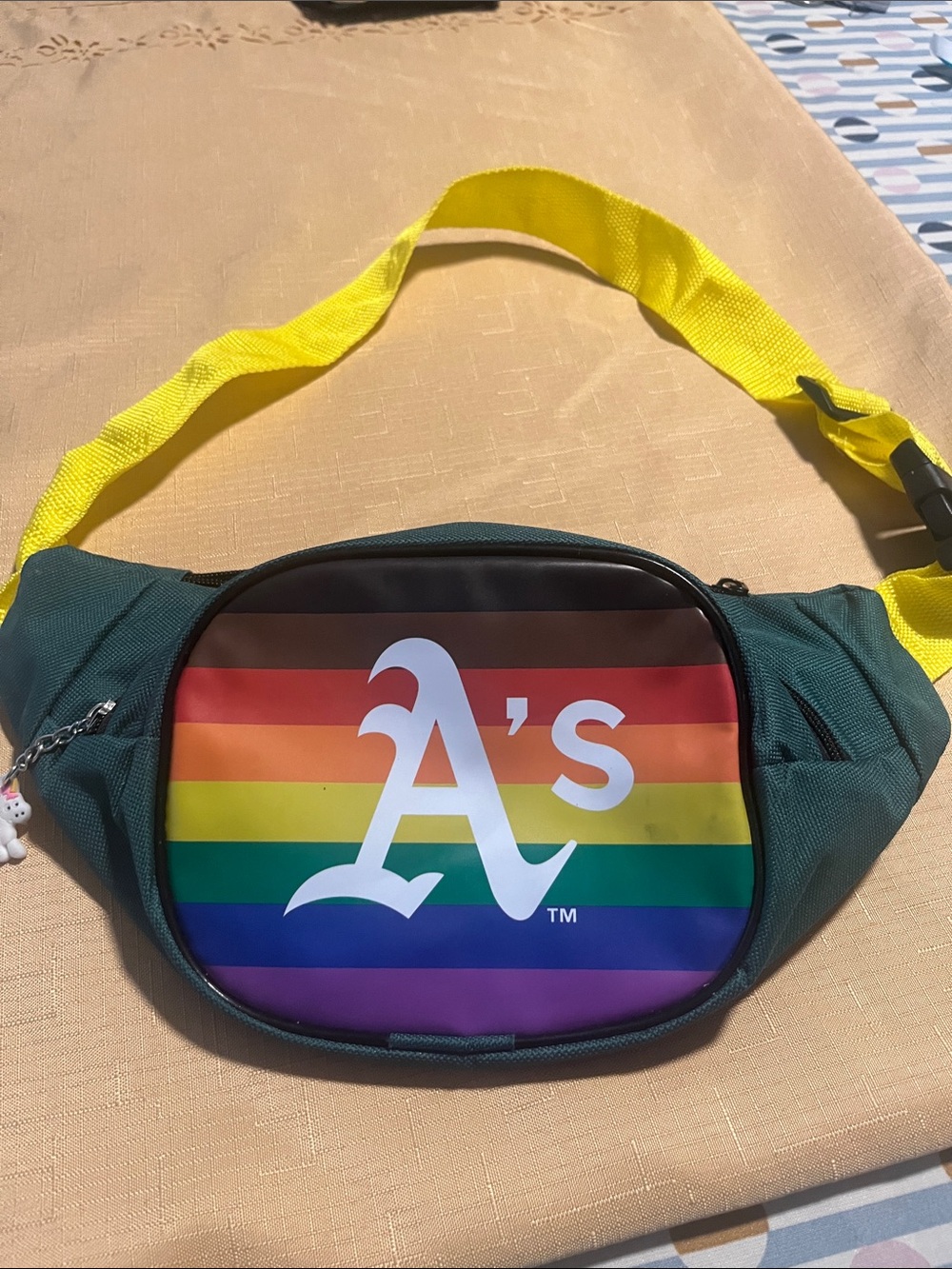A’s Green Belt Bag with Rainbow Logo and Yellow Strap
